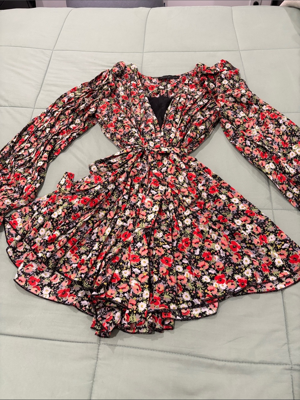 Floral V-Neck Long Sleeve Romper with Tie Waist